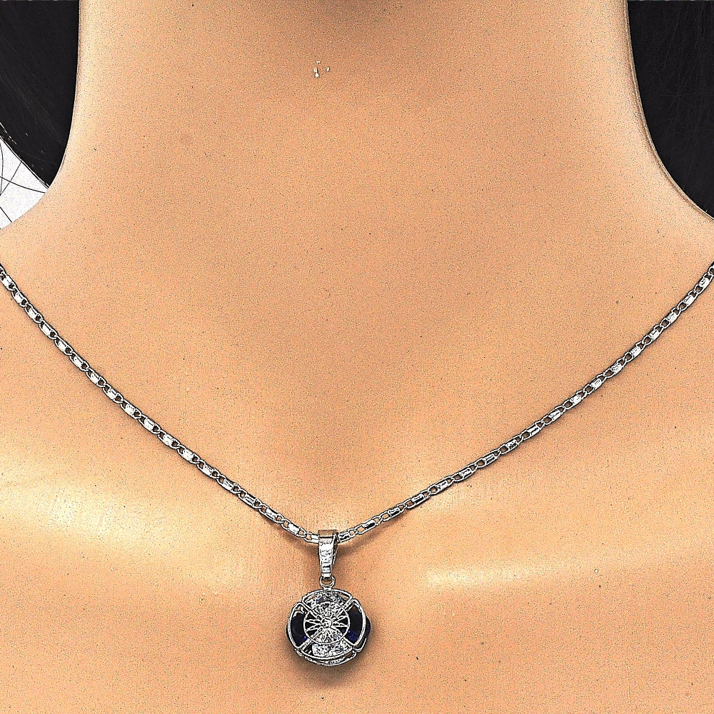 Rhodium Gold Filled Earring and Pendant Adult Set, with Sapphire Blue and White Cubic Zirconia, Polished, Rhodium Finish