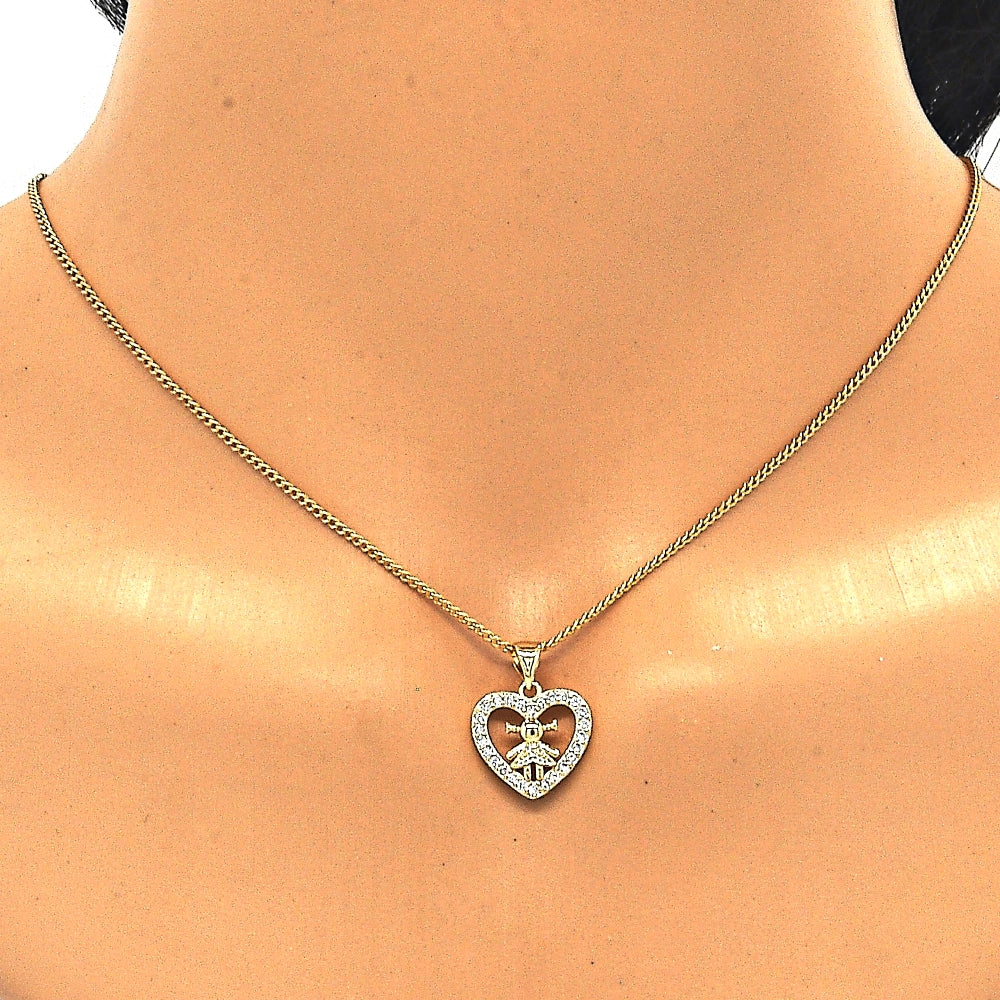 Oro Laminado Earring and Pendant Adult Set, Gold Filled Style Heart and Little Girl Design, with White Micro Pave, Polished, Golden Finish