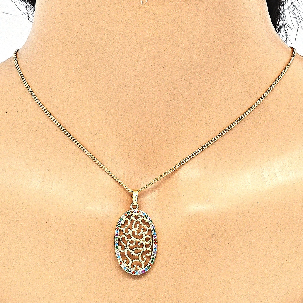 Oro Laminado Earring and Pendant Adult Set, Gold Filled Style with Multicolor Cubic Zirconia, Polished, Golden Finish