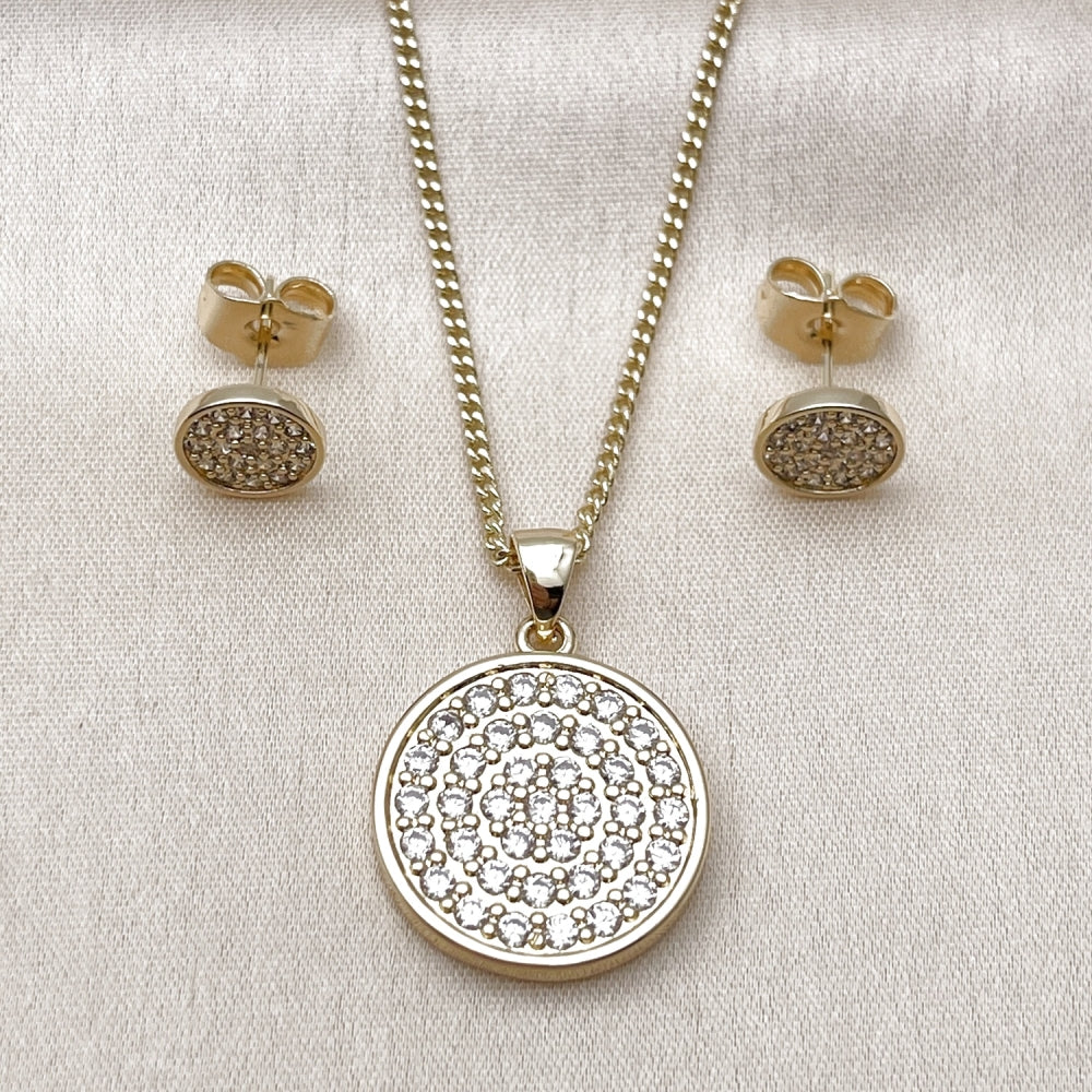 Oro Laminado Earring and Pendant Adult Set, Gold Filled Style with White Micro Pave, Polished, Golden Finish