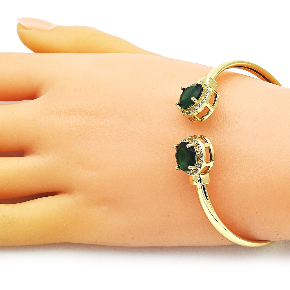 Oro Laminado Individual Bangle, Gold Filled Style with Green Cubic Zirconia and White Micro Pave, Polished, Golden Finish