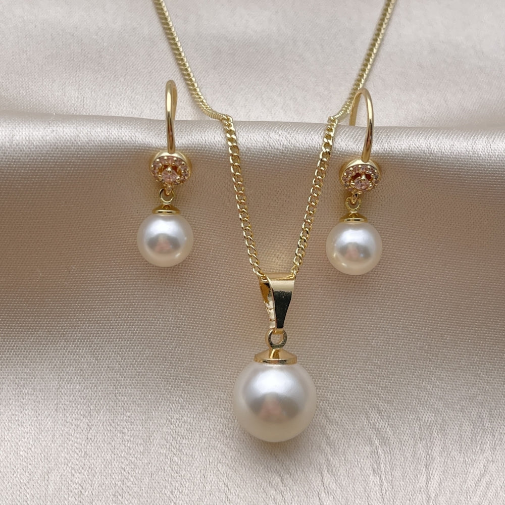 Oro Laminado Earring and Pendant Adult Set, Gold Filled Style Ball Design, with Ivory Pearl and White Micro Pave, Polished, Golden Finish