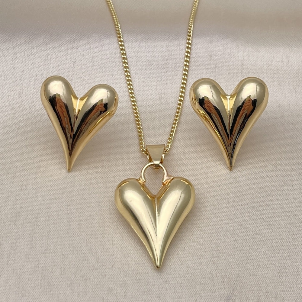 Oro Laminado Earring and Pendant Adult Set, Gold Filled Style Heart and Hollow Design, Polished, Golden Finish