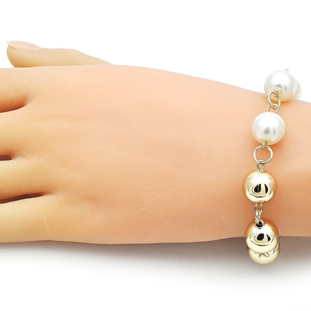 Oro Laminado Fancy Bracelet, Gold Filled Style Ball and Hollow Design, with Ivory Pearl, Polished, Golden Finish