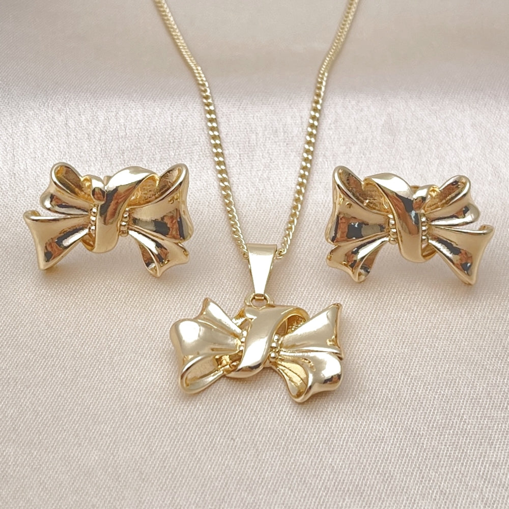 Oro Laminado Earring and Pendant Adult Set, Gold Filled Style Bow Design, Polished, Golden Finish
