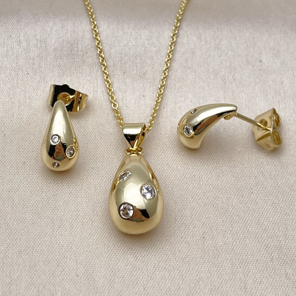 Oro Laminado Earring and Pendant Adult Set, Gold Filled Style Teardrop Design, with White Cubic Zirconia, Polished, Golden Finish