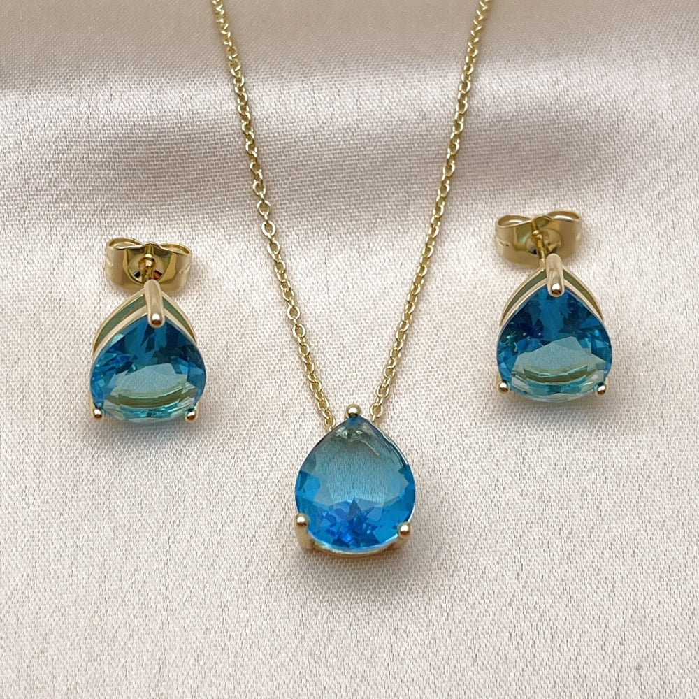 Oro Laminado Earring and Pendant Adult Set, Gold Filled Style Teardrop and Rolo Design, with Blue Topaz Cubic Zirconia, Polished, Golden Finish
