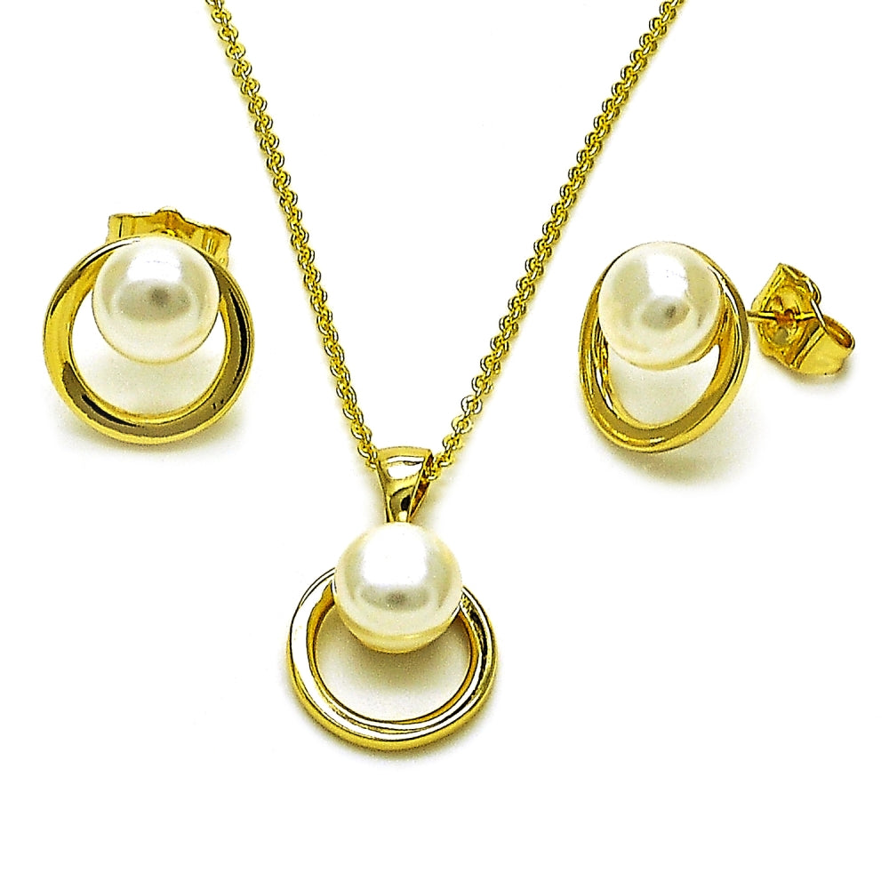 Oro Laminado Earring and Pendant Adult Set, Gold Filled Style Ball and Rolo Design, with Ivory Pearl, Polished, Golden Finish
