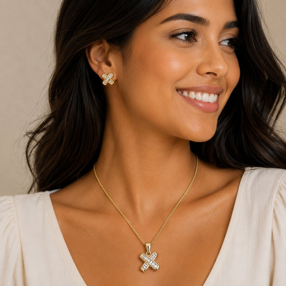 Oro Laminado Earring and Pendant Adult Set, Gold Filled Style Baguette and Love Knot Design, with White Cubic Zirconia, Polished, Golden Finish