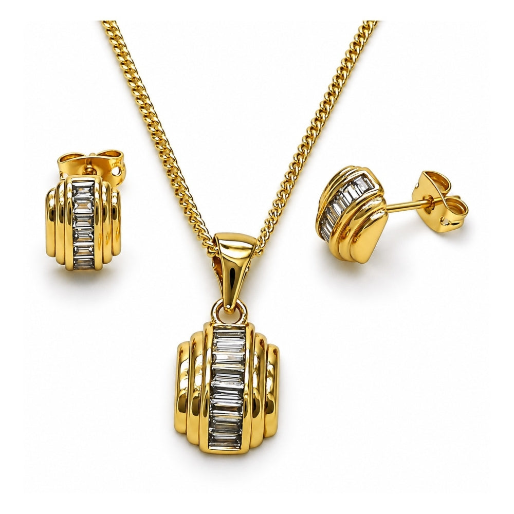 Oro Laminado Earring and Pendant Adult Set, Gold Filled Style Baguette Design, with White Cubic Zirconia, Polished, Golden Finish