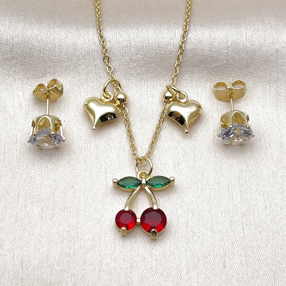 Oro Laminado Earring and Pendant Adult Set, Gold Filled Style Cherry and Heart Design, with White and Garnet Cubic Zirconia, Polished, Golden Finish