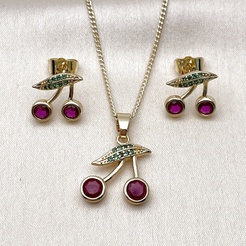 Oro Laminado Earring and Pendant Adult Set, Gold Filled Style Cherry Design, with Ruby Cubic Zirconia and Green Micro Pave, Polished, Golden Finish