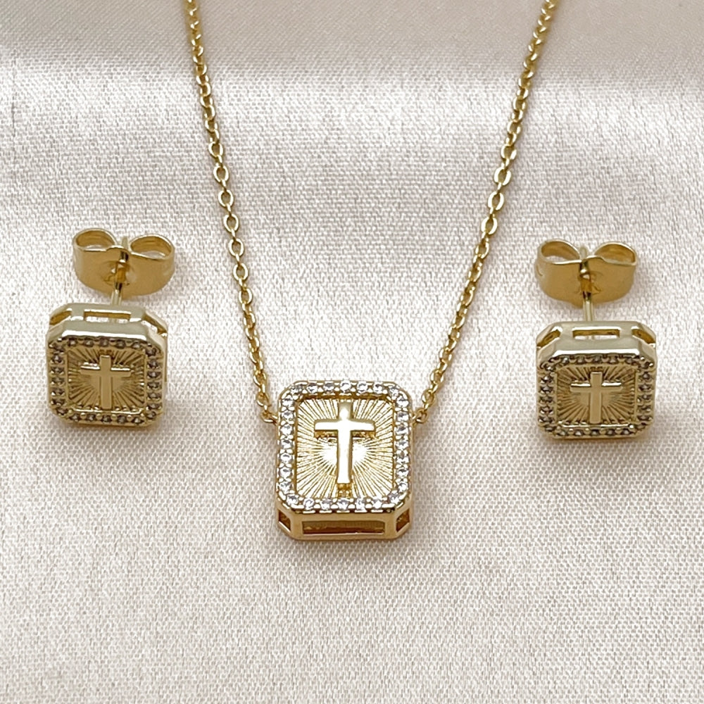 Oro Laminado Earring and Pendant Adult Set, Gold Filled Style Cross Design, with White Micro Pave, Diamond Cutting Finish, Golden Finish