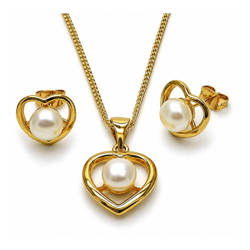 Oro Laminado Earring and Pendant Adult Set, Gold Filled Style Heart and Ball Design, with Ivory Pearl, Polished, Golden Finish