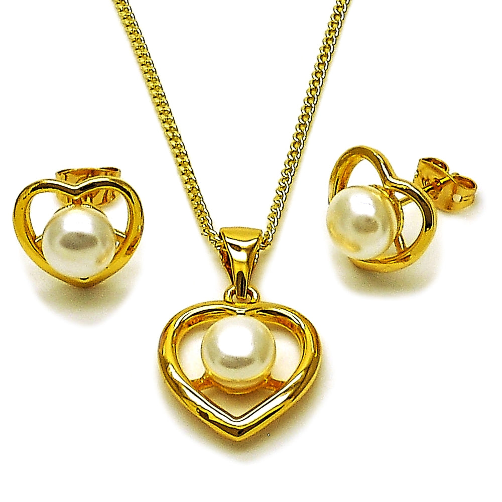 Oro Laminado Earring and Pendant Adult Set, Gold Filled Style Heart and Ball Design, with Ivory Pearl, Polished, Golden Finish