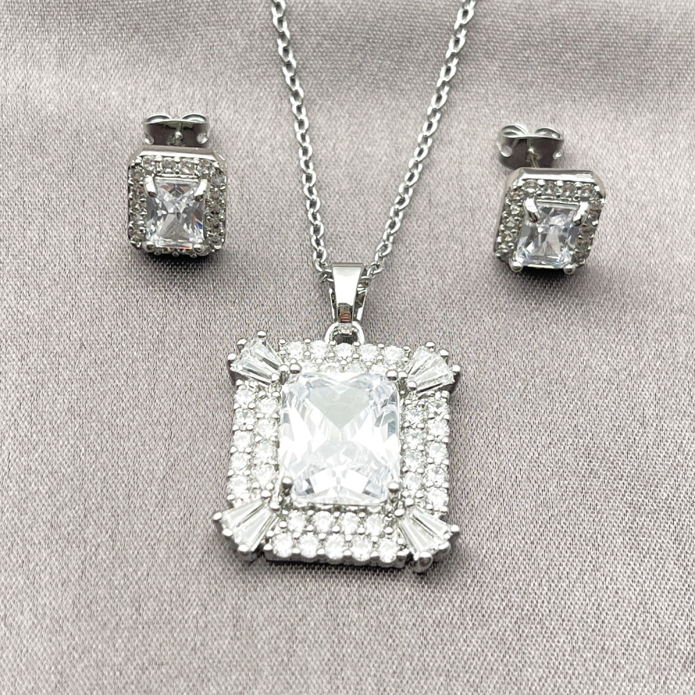 Rhodium Gold Filled Earring and Pendant Adult Set, Cluster and Baguette Design, with White Cubic Zirconia, Polished, Rhodium Finish