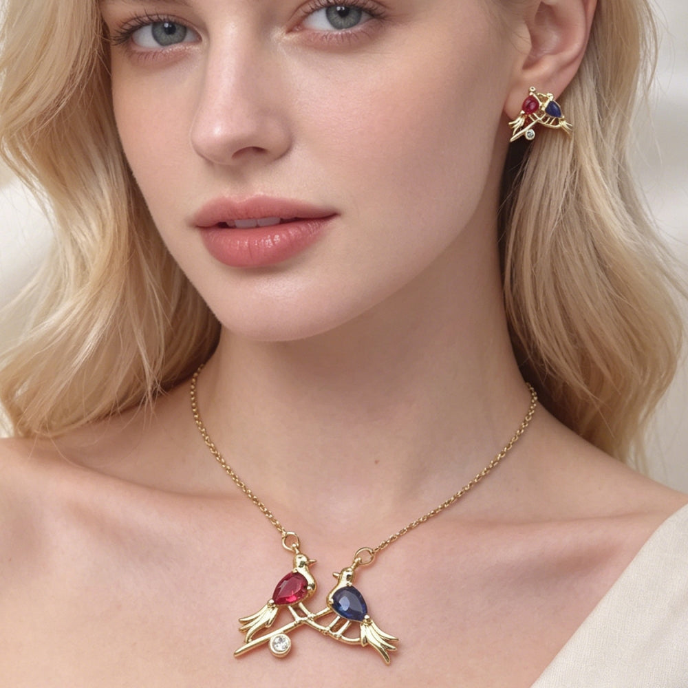 Oro Laminado Earring and Pendant Adult Set, Gold Filled Style Bird and Rolo Design, with Ruby and Sapphire Blue Cubic Zirconia, Polished, Golden Finish