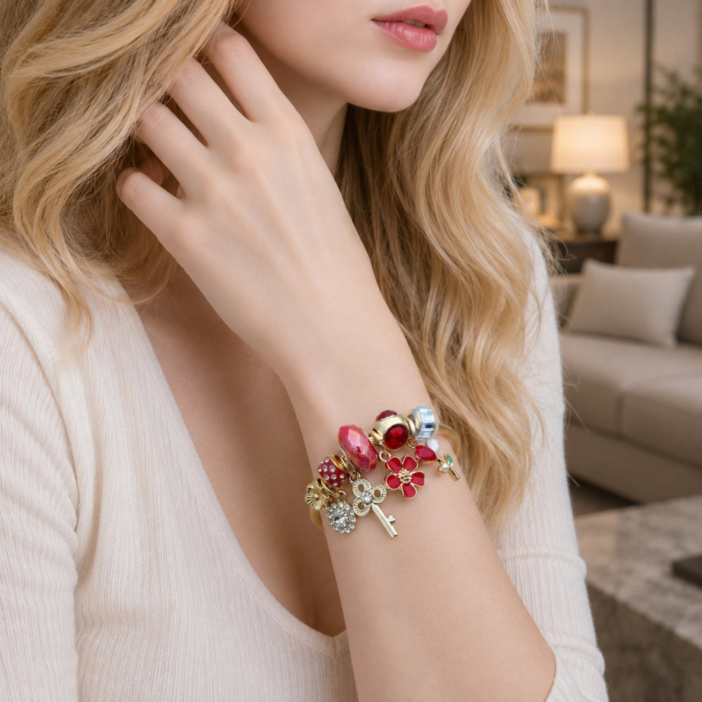 Stainless Steel Individual Bangle, Flower and key Design, with Light Siam and Crystal Crystal, Red Enamel Finish, Golden Finish