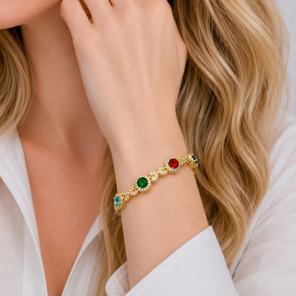 Oro Laminado Tennis Bracelet, Gold Filled Style Cluster and Hugs and Kisses Design, with Multicolor and White Cubic Zirconia, Polished, Golden Finish