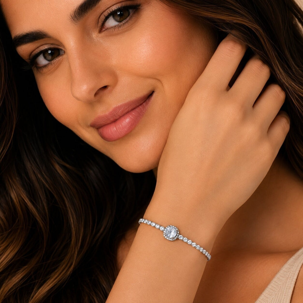 Rhodium Gold Filled Fancy Bracelet, Cluster Design, with White Cubic Zirconia, Polished, Rhodium Finish