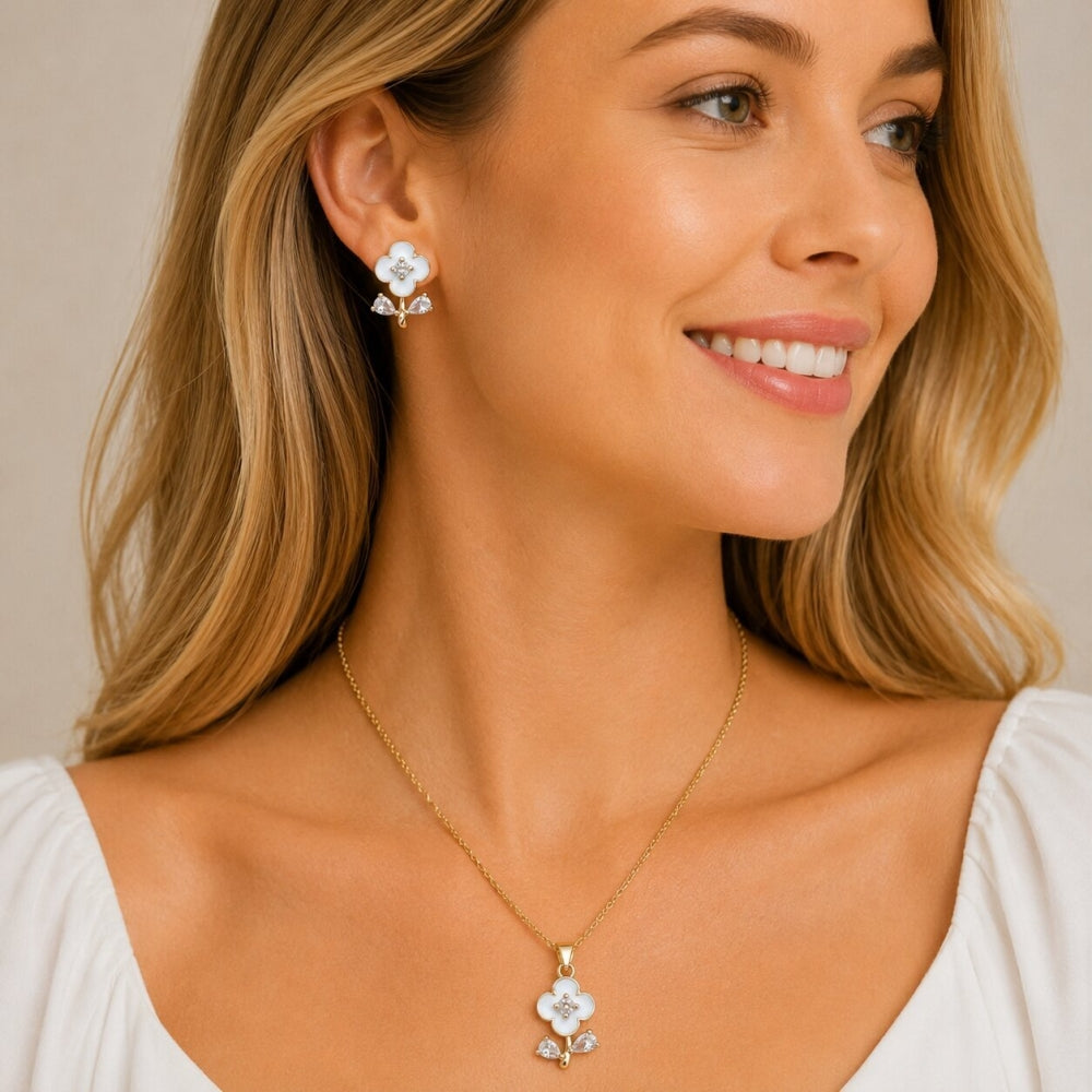 Oro Laminado Earring and Pendant Adult Set, Gold Filled Style Flower and Teardrop Design, with White Cubic Zirconia, White Enamel Finish, Golden Finish