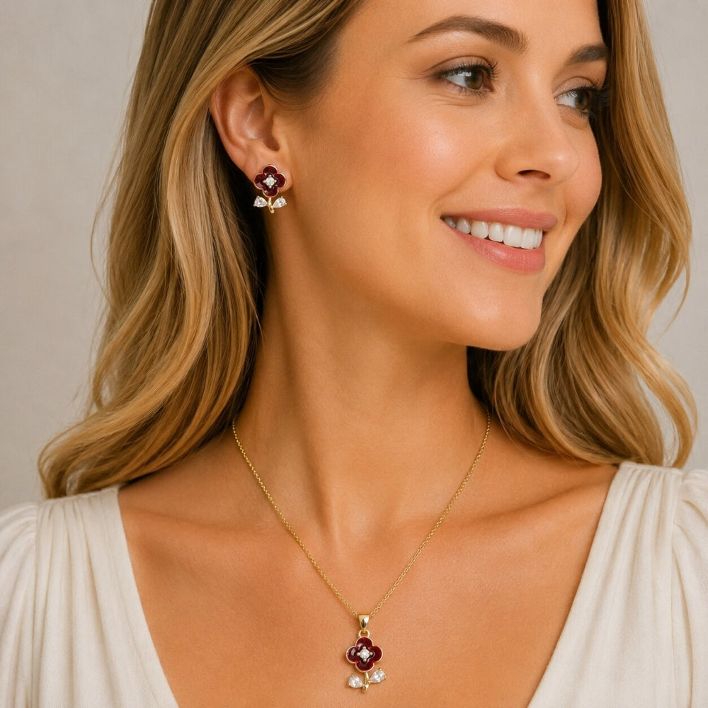 Oro Laminado Earring and Pendant Adult Set, Gold Filled Style Flower and Teardrop Design, with White Cubic Zirconia, Red Enamel Finish, Golden Finish