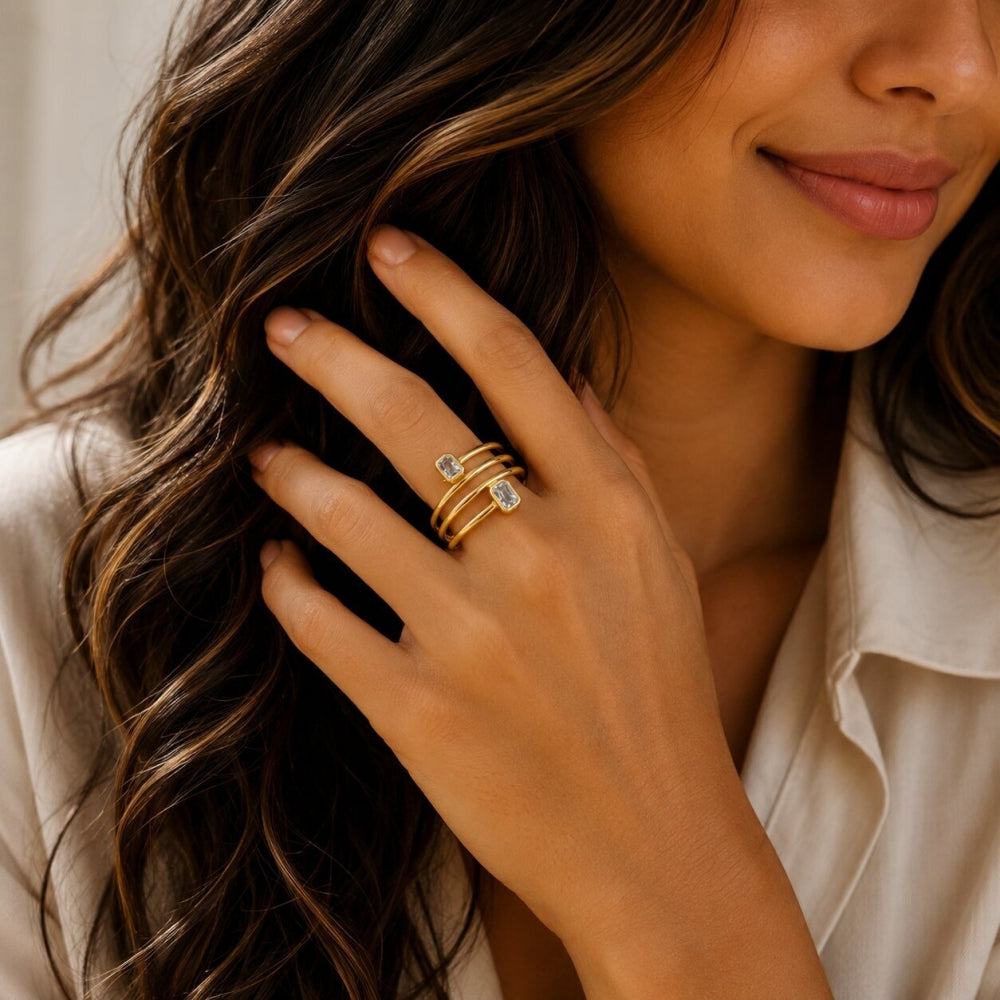 Oro Laminado Multi Stone Ring, Gold Filled Style Baguette Design, with White Cubic Zirconia, Polished, Golden Finish