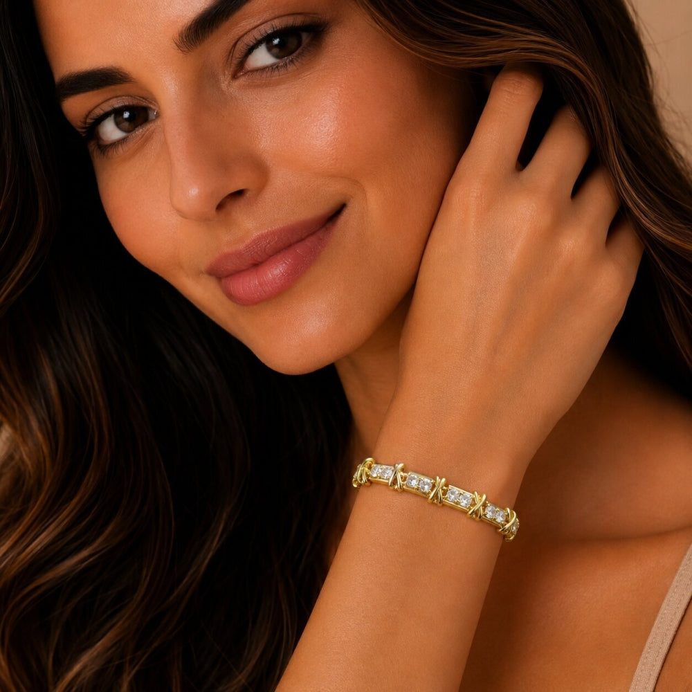 Oro Laminado Fancy Bracelet, Gold Filled Style Hugs and Kisses Design, with White Cubic Zirconia, Polished, Golden Finish