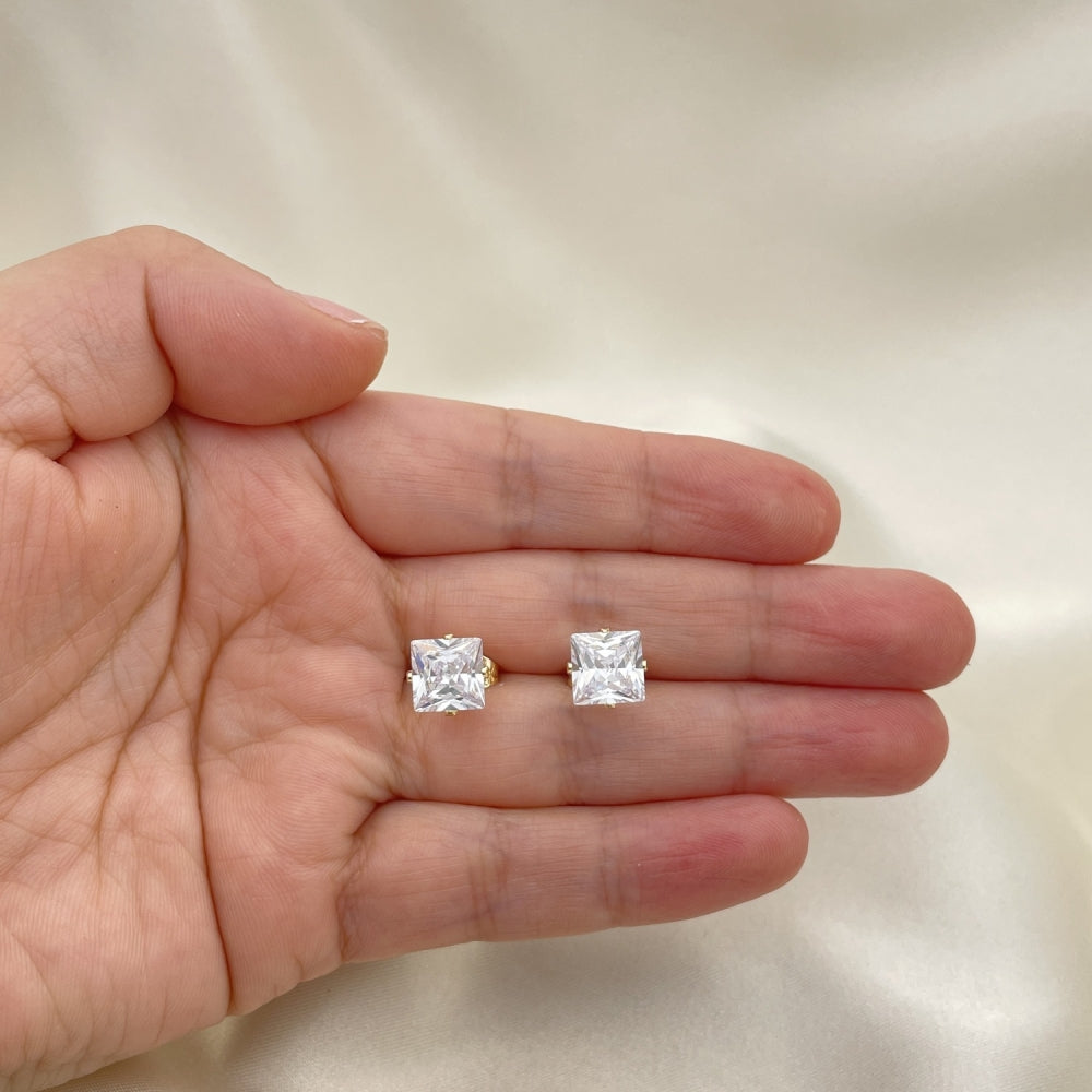 Oro Laminado Stud Earring, Gold Filled Style with White Cubic Zirconia, Polished, Golden Finish