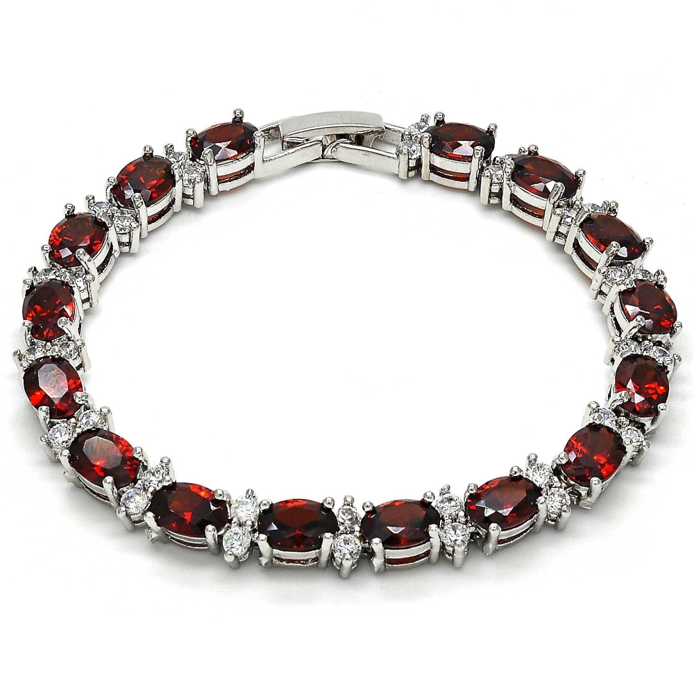 Rhodium Gold Filled Tennis Bracelet, with Garnet and White Cubic Zirconia, Polished, Rhodium Finish