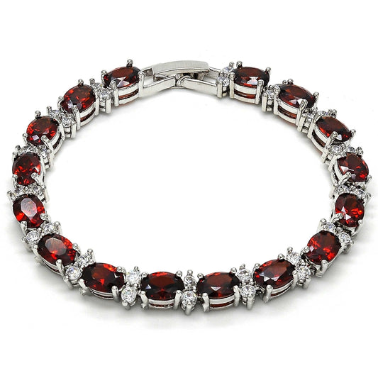 Rhodium Gold Filled Tennis Bracelet, with Garnet and White Cubic Zirconia, Polished, Rhodium Finish