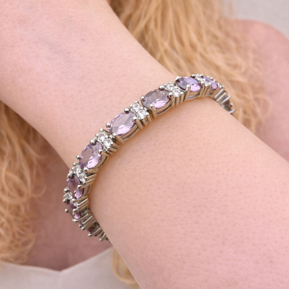 Rhodium Gold Filled Tennis Bracelet, with Amethyst and White Cubic Zirconia, Polished, Rhodium Finish