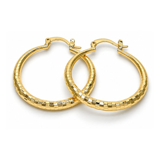 Oro Laminado Medium Hoop, Gold Filled Style Hollow Design, Diamond Cutting Finish, Golden Finish