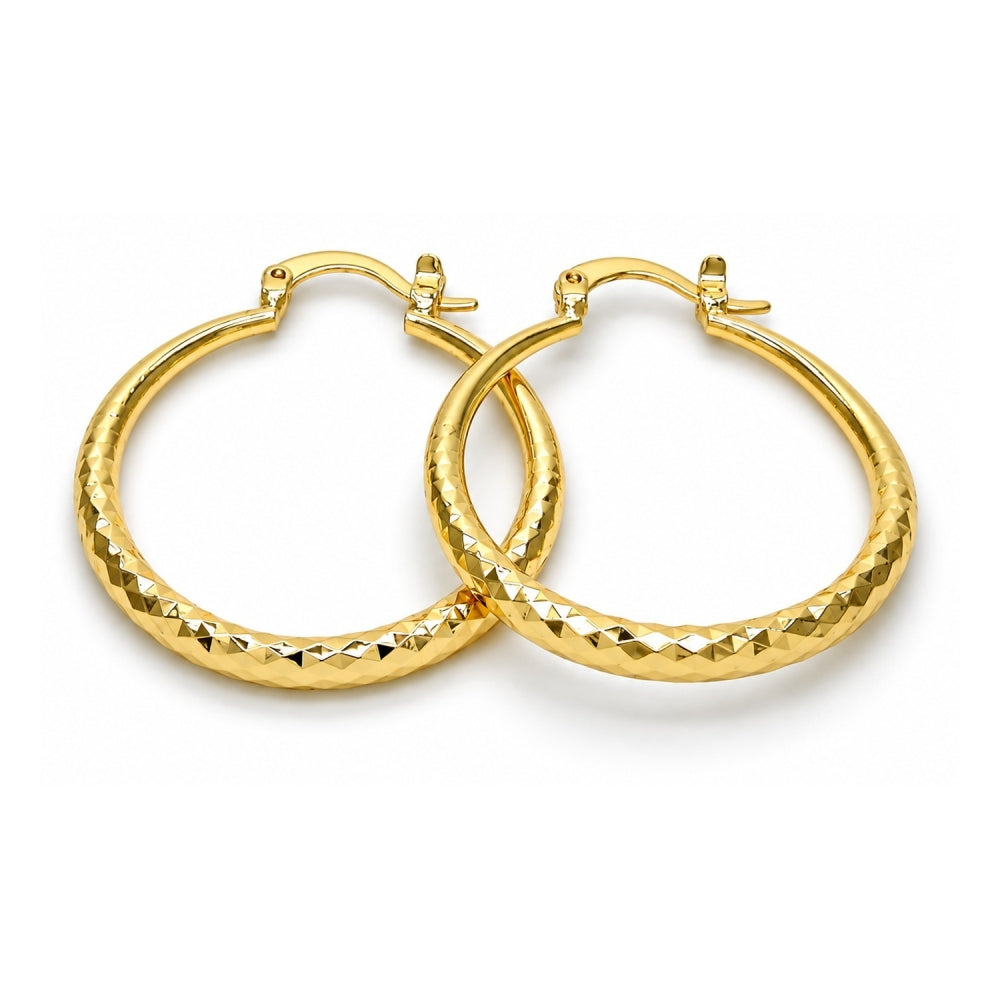 Oro Laminado Medium Hoop, Gold Filled Style Hollow Design, Diamond Cutting Finish, Golden Finish