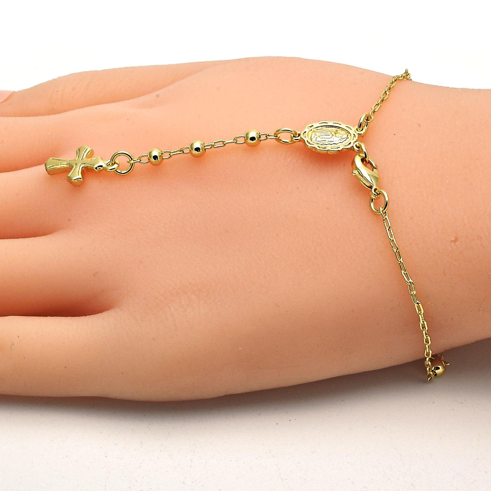 Oro Laminado Bracelet Rosary, Gold Filled Style Guadalupe and Cross Design, Polished, Golden Finish
