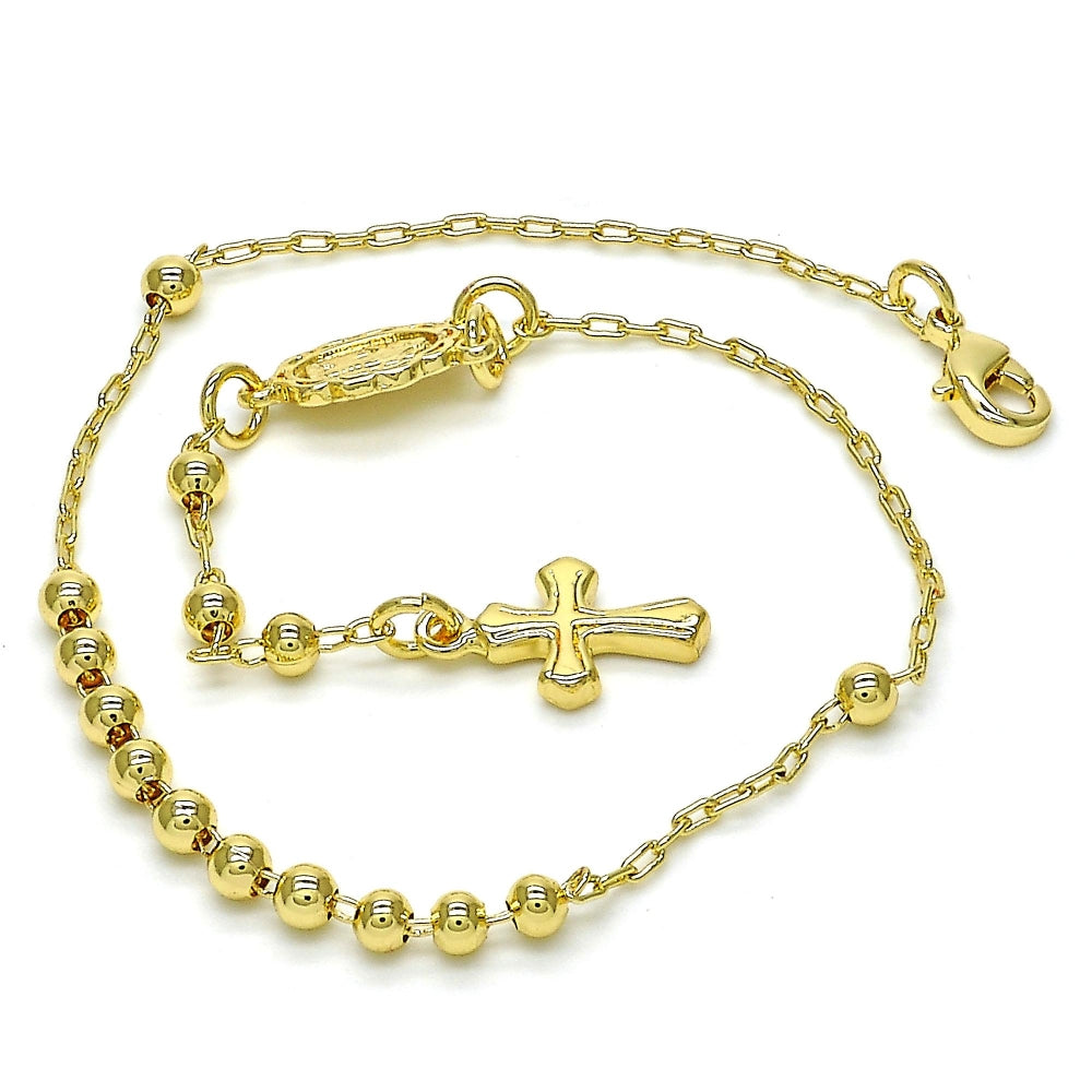 Oro Laminado Bracelet Rosary, Gold Filled Style Guadalupe and Cross Design, Polished, Golden Finish