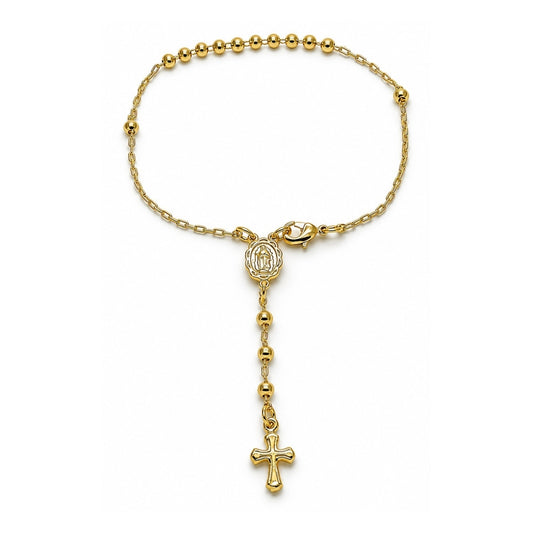 Oro Laminado Bracelet Rosary, Gold Filled Style Guadalupe and Cross Design, Polished, Golden Finish