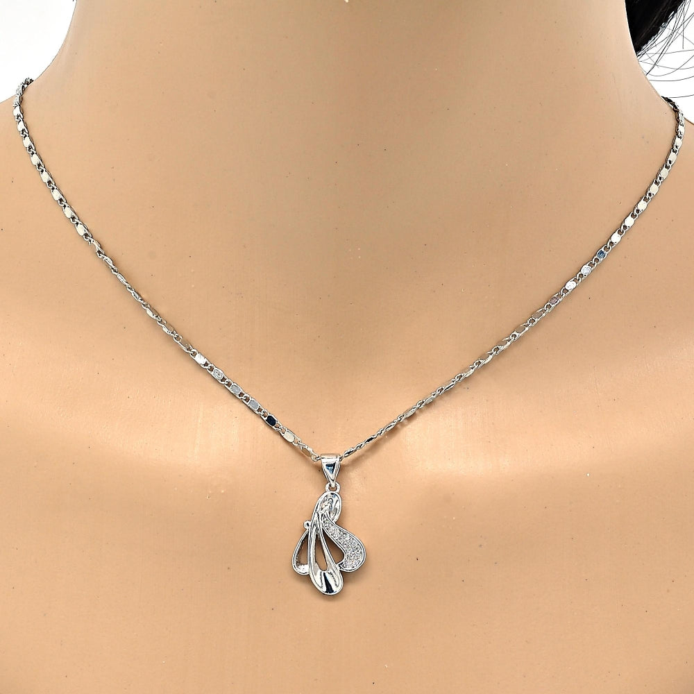 Rhodium Gold Filled Earring and Pendant Adult Set, Leaf Design, with White Micro Pave, Polished, Rhodium Finish