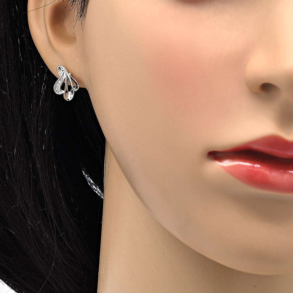 Rhodium Gold Filled Earring and Pendant Adult Set, Leaf Design, with White Micro Pave, Polished, Rhodium Finish
