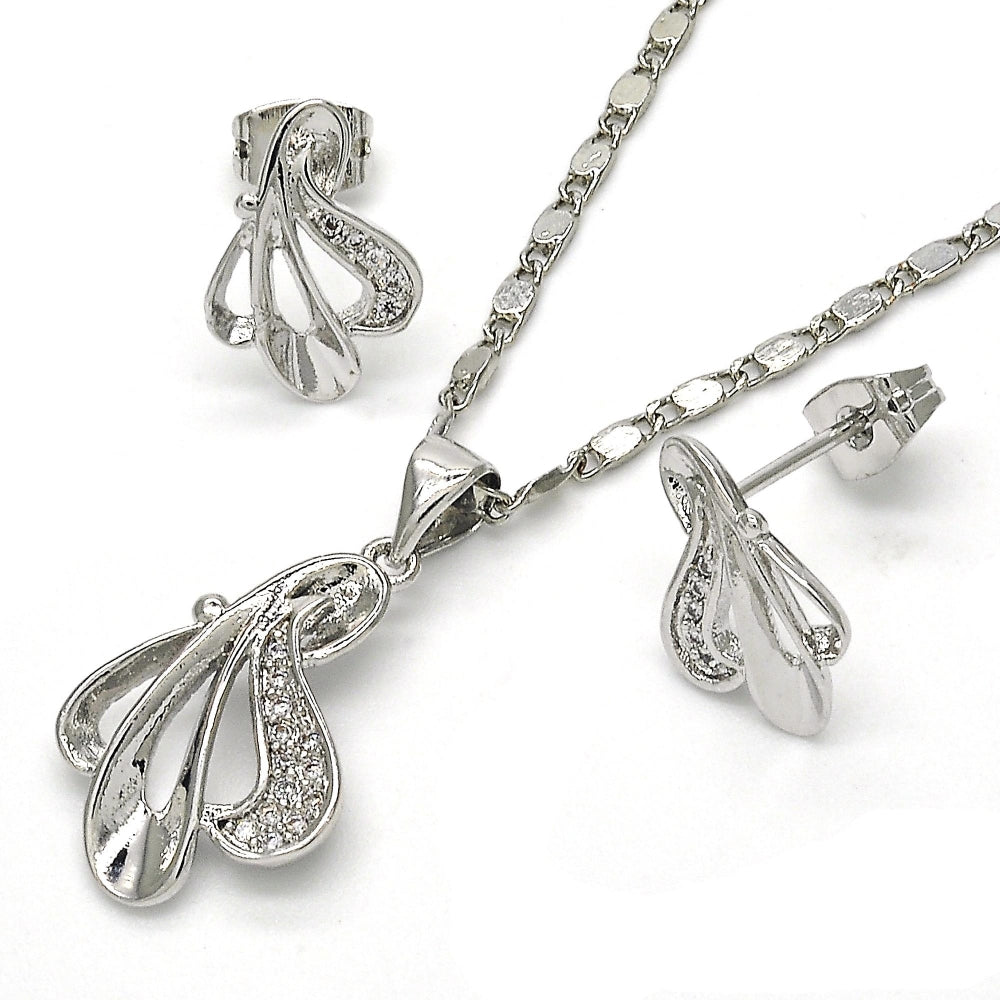 Rhodium Gold Filled Earring and Pendant Adult Set, Leaf Design, with White Micro Pave, Polished, Rhodium Finish
