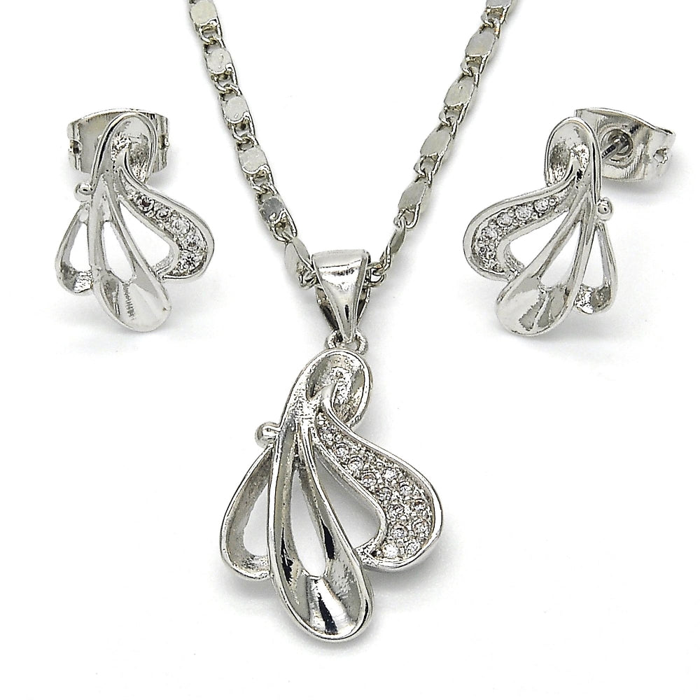 Rhodium Gold Filled Earring and Pendant Adult Set, Leaf Design, with White Micro Pave, Polished, Rhodium Finish