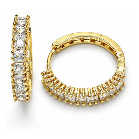 Oro Laminado Huggie Hoop, Gold Filled Style with White Cubic Zirconia, Polished, Golden Finish
