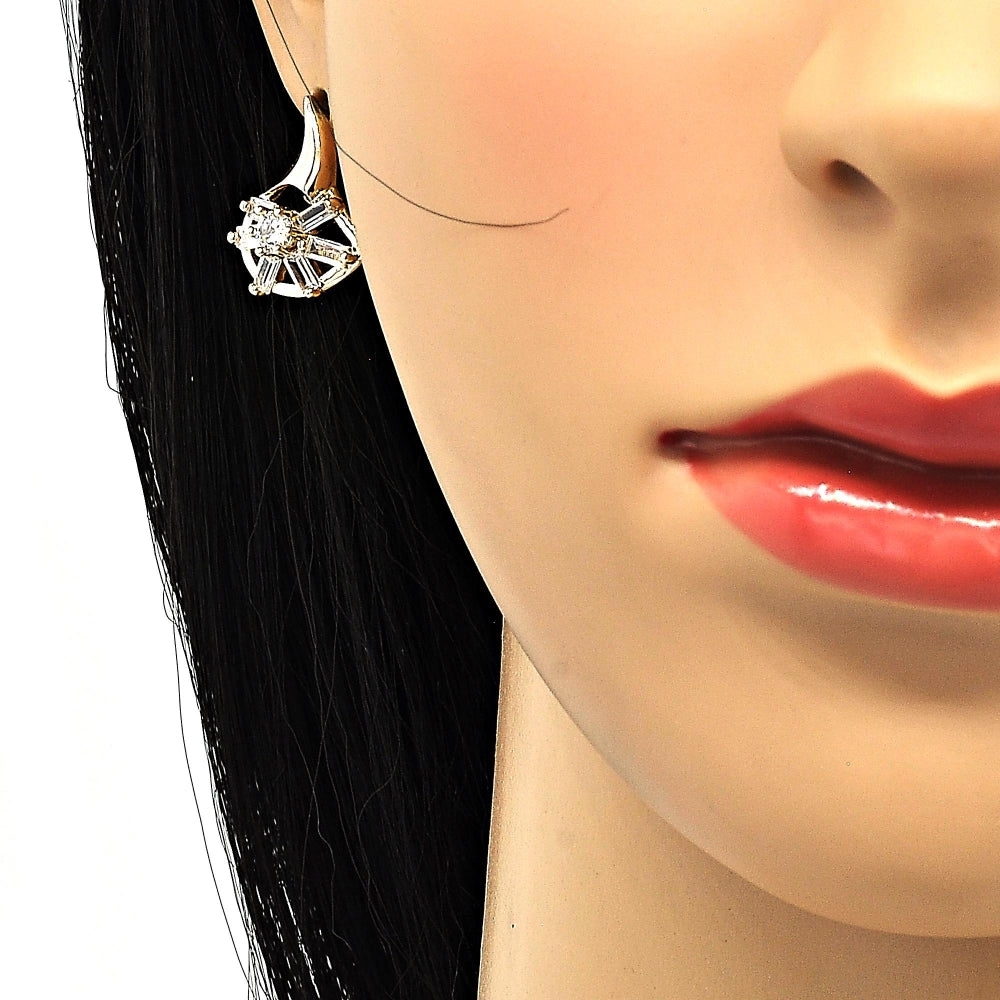 Oro Laminado Earring and Pendant Adult Set, Gold Filled Style Baguette Design, with White Cubic Zirconia, Polished, Golden Finish