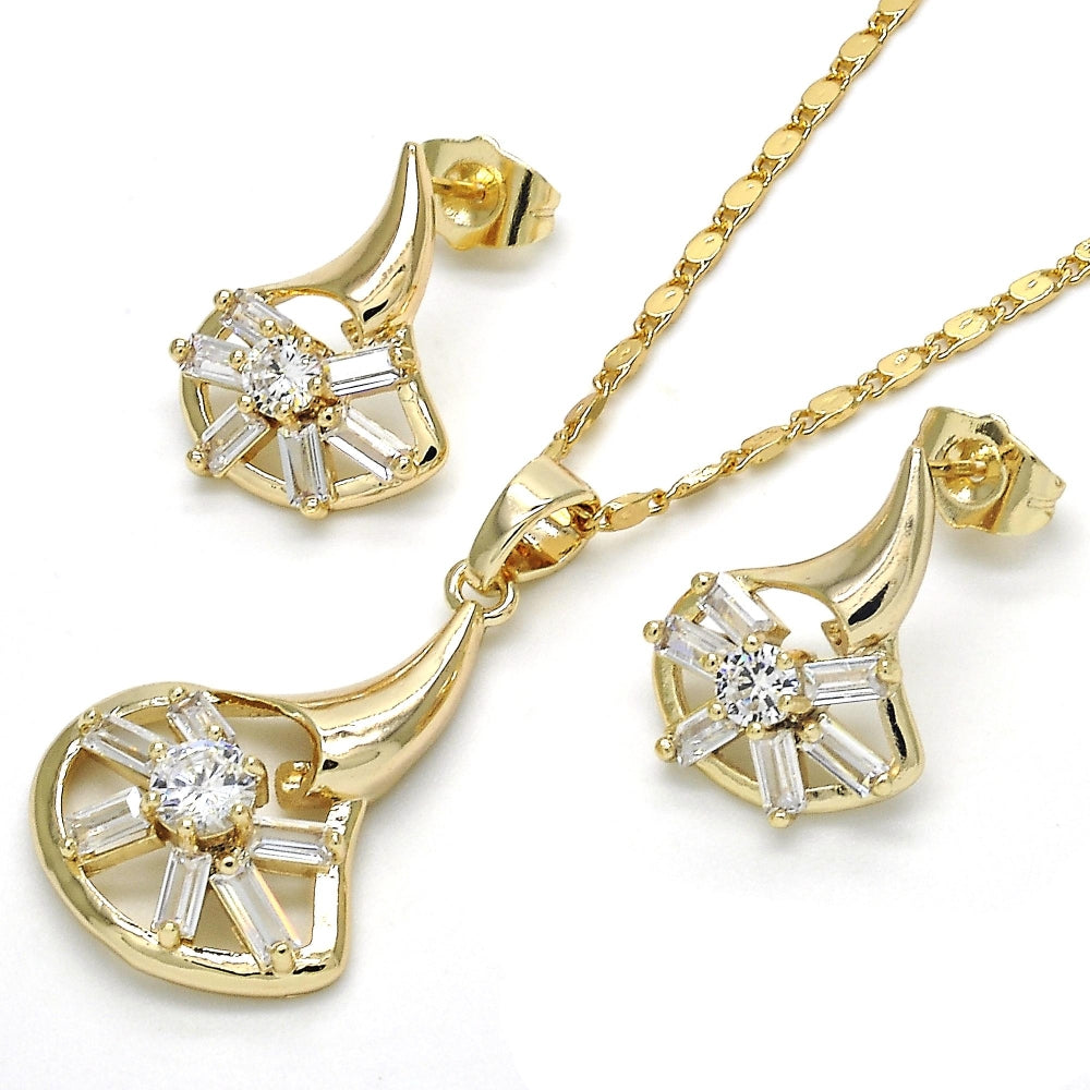 Oro Laminado Earring and Pendant Adult Set, Gold Filled Style Baguette Design, with White Cubic Zirconia, Polished, Golden Finish