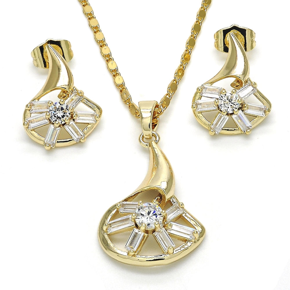 Oro Laminado Earring and Pendant Adult Set, Gold Filled Style Baguette Design, with White Cubic Zirconia, Polished, Golden Finish