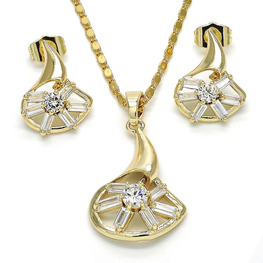 Oro Laminado Earring and Pendant Adult Set, Gold Filled Style Baguette Design, with White Cubic Zirconia, Polished, Golden Finish