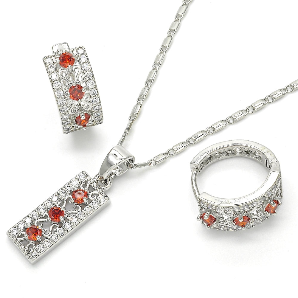 Rhodium Gold Filled Earring and Pendant Adult Set, with Garnet and White Cubic Zirconia, Polished, Rhodium Finish