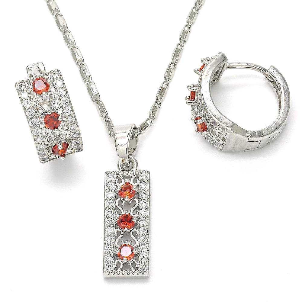 Rhodium Gold Filled Earring and Pendant Adult Set, with Garnet and White Cubic Zirconia, Polished, Rhodium Finish