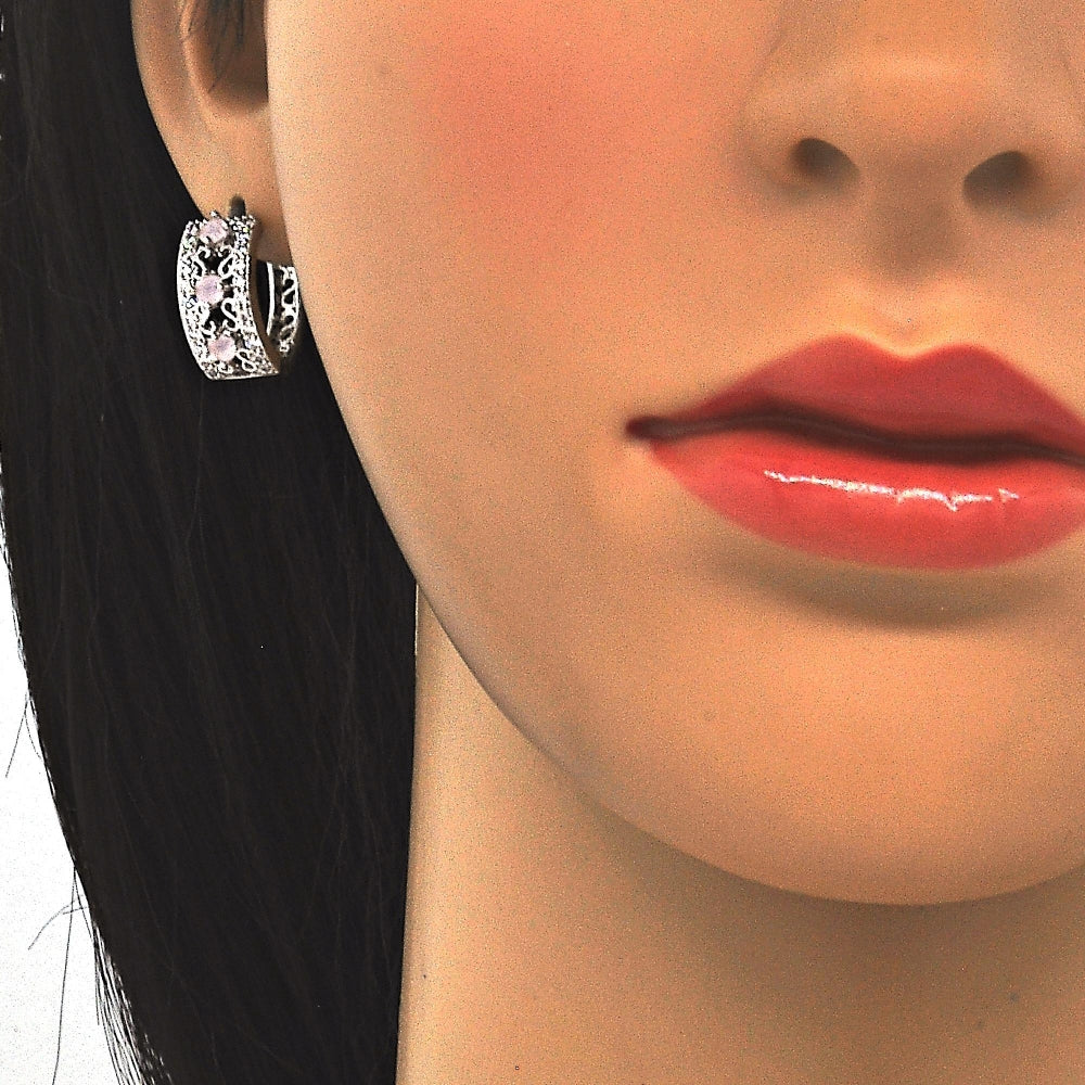 Rhodium Gold Filled Earring and Pendant Adult Set, with Pink and White Cubic Zirconia, Polished, Rhodium Finish