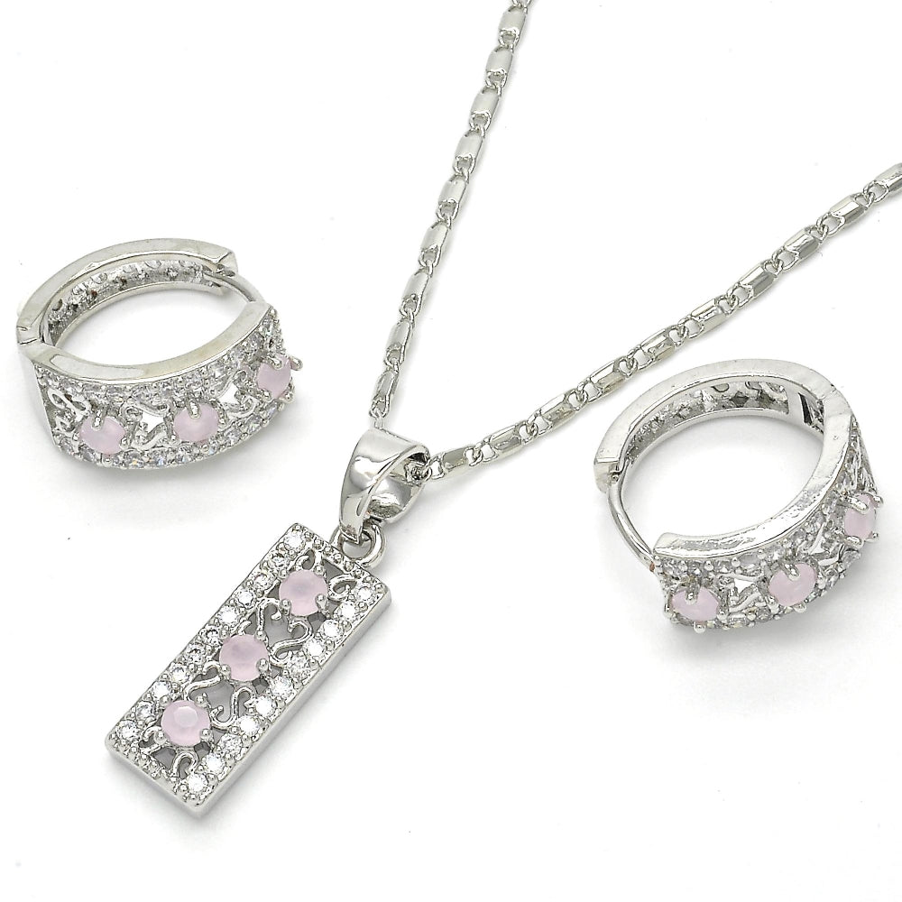 Rhodium Gold Filled Earring and Pendant Adult Set, with Pink and White Cubic Zirconia, Polished, Rhodium Finish